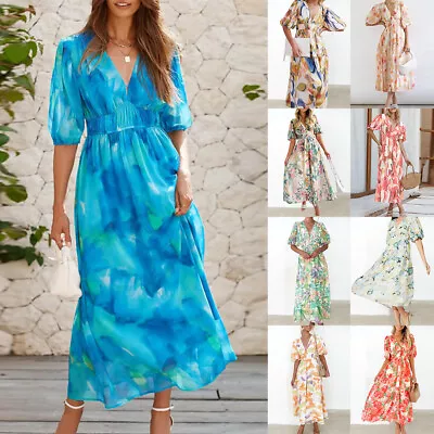 Women V Neck Boho Floral Midi Dress Puff Short Sleeve Holiday Beach Swing Dress • £5.19