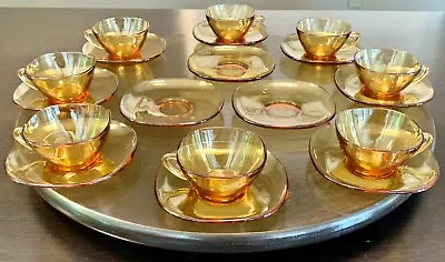 VINTAGE VERECO AMBER GLASS FRANCE Tea Cup Saucer 8 Complete Sets + 3 Saucers MCM • $48.71