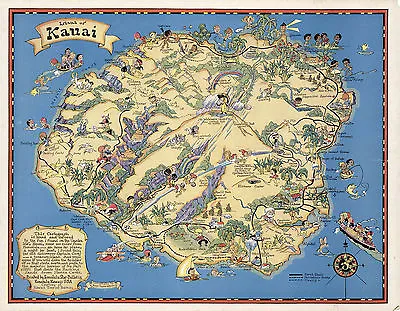 Kauai Map Historical Pictorial Hawaiian Island Vintage Wall Art Poster Print • $37.95