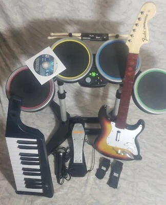 $340 • Buy Xbox 360 RockBand Rock Band Bundle Wireless Guitar Drum Keyboard Game Sticks AE