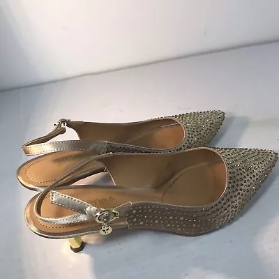 J Renee Gold Satin W-Gold Sequins Slingback Kitten Heels Womens Size 11 • $24.99