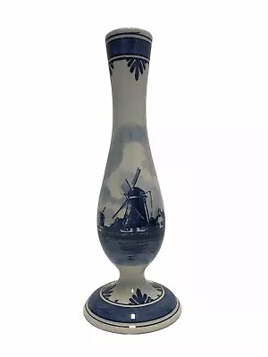 Vintage Delfts Blauw Vase Hand Painted Holland 9.5” X 3.5” Windmill & Sailboats • $14.99