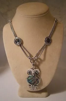 Vintage Silver Tone Box Link Abalone Shell & Crystal Owl Pendant Necklace Avian • $23.99