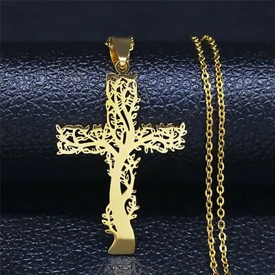 Tree Of Life Cross Pendant Necklace Stainless Steel Men Gold Christian Jesus • $9.88