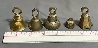 Lot 5 Vintage Solid BRASS Rope BELLS Sarna India Etched Cut Shapes VARIOUS SIZES • $29.99