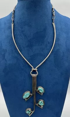 Vintage 925 Sterling Silver Navajo Turquoise Stones Necklace W/ Charm Pendant • £8.04