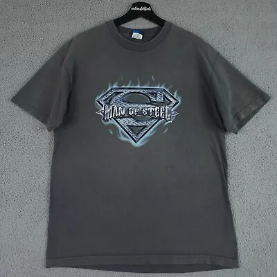 Vintage Superman Shirt Mens Large Gray Blue Man Of Steel Diamond Plate Logo Tee • $15