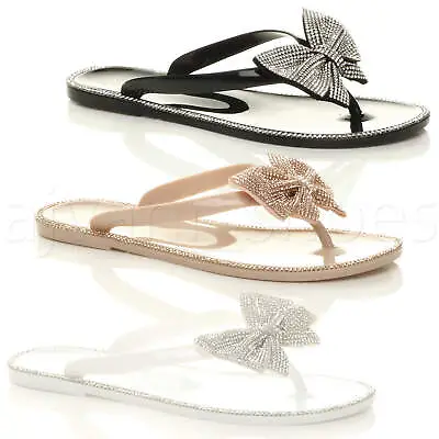 Womens Ladies Flat Jelly Diamante Bow Summer Flip Flops Toe Post Sandals Size • £11.99