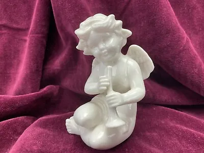 Cherub Musician Angel Figurine Sitting Playing Horn Flute White 4 1/4  Tall • £7.36