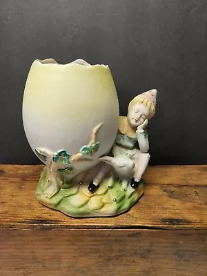 Vintage Paulux Easter Egg Pixie Boy With Bunny Rabbit Planter • $11.51