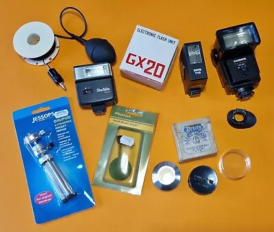 Job Lot Of Retro Vintage Film Camera Accessories Flashes Tripod Etc • £25