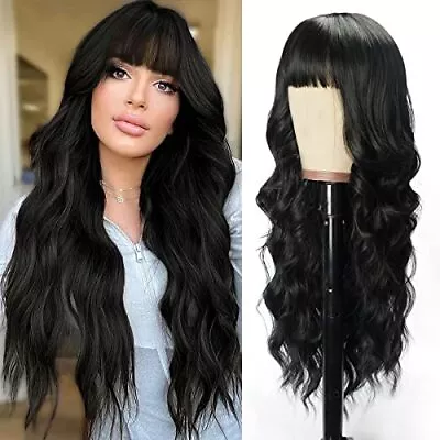 Black Wig With Bangs For Women 24 Inches Long Black Wig Synthetic Wavy Wigs W... • $19.15