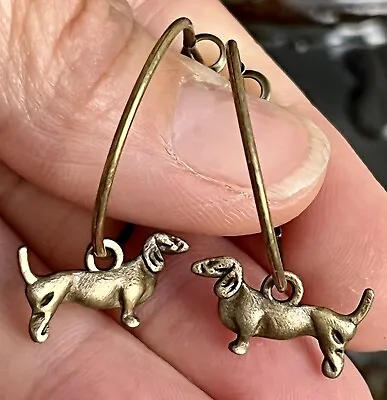 Bronze Lever Back Hoops Dangle Wiener Dog Earrings. Dachshund • $6.99