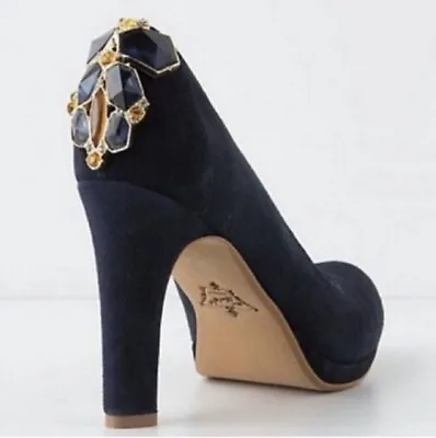 Anthropologie Miss Albright Jeweled Cabochon Navy Pumps Heels 7.5 • $68