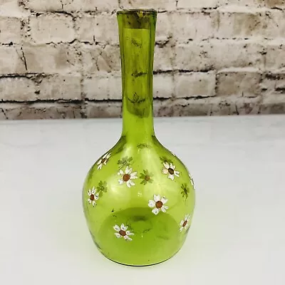 Antique Barber Shop Barber Bottle Blue Blown Glass Hand Painted Flowers Green • $91