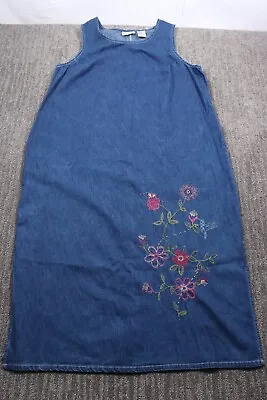 Vintage 90's Denim Sleeveless Dress Embroidered Flowers Farmhouse Women's 20W • $29.77