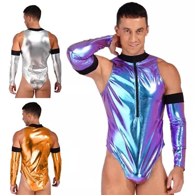 Mens Shiny Patent Leather Astronaut Costume Bodysuit With Gloves Spaceman Suit  • £11.99