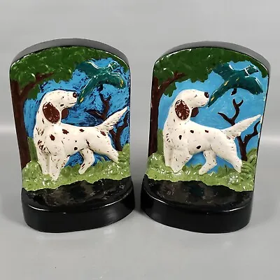 Vintage Hand Painted Brittany Spaniel Hunting Dog Bird Duck Ceramic Bookends Set • $20