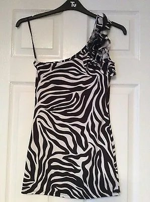 Jane Norman One Shoulder Black/white Zebra/animal Print Ruffled Dress Size 10 • £9.95