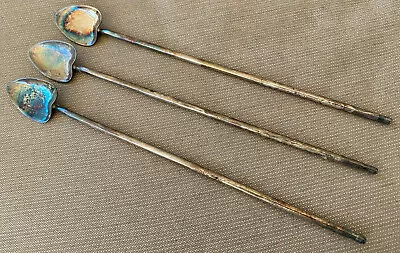 3 Mint Julep Heart Spoons Silverplate Straw Silver Plate Italy Italian Vintage • $26.09