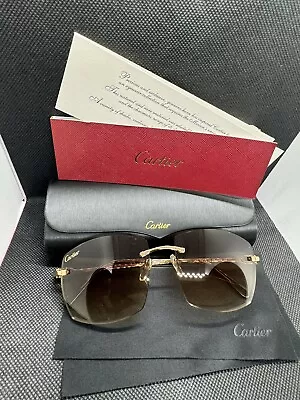 Cartier Rimless Sunglasses Big C Diamond Cut Gold Wire/brown Lenses • $129
