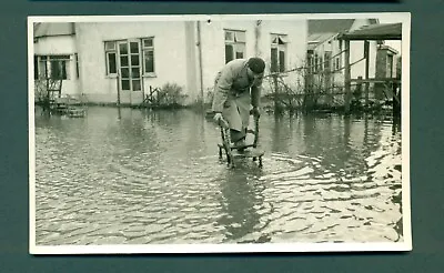 CANVEY ISLAND FLOOD 1953 PERSON STANDING ON CHAIR IN WATERplain Back Card • £18