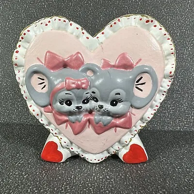 Vintage Valentine's Day Planter Pink Heart With Mice Mouse Ceramic • $18