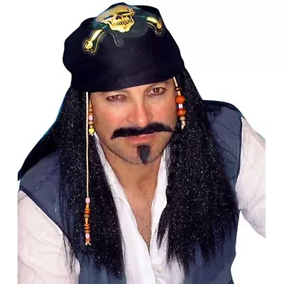 Pirate Jack Sparrow Black Wig With Skull Bandana Adult Costume Caribbean Beads • $37.95