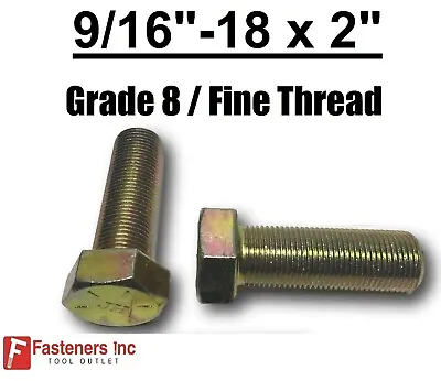 9/16-18 X 2  (FT) Hex Bolt Yellow Zinc Plated Grade 8 Cap Screw Fine Thread • $10.21