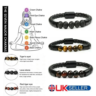 £4.69 • Buy Men Women 8mm Tiger Eye Gemstone Bracelet With Healing Magnet Yoga Bracelet UK