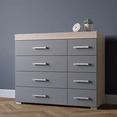 Wide Chest Of 4+4 Drawers In Grey & Sonoma Oak Effect Bedroom Furniture 8 Draw • £98.95