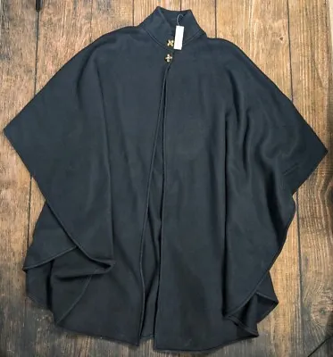 VTG Amanda Smith Fleece Cape Poncho Coat Black Gold Button One Size Fits Most • $58.49