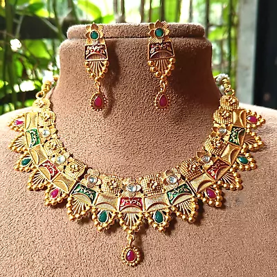 22K Gold Plated Pakistani Indian Designer Necklace Earrings Bollywood Bridal Set • £14.09