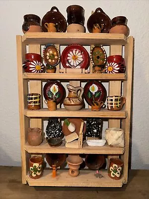 Vtg Mexican Mini Kitchen Pottery Diorama Wooden Hutch Wall Decor Made In Mexico • $45