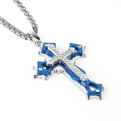 Silver Stainless Steel Black Cross Pendant Mens Women Chain Necklace Crucifix UK • £4.59