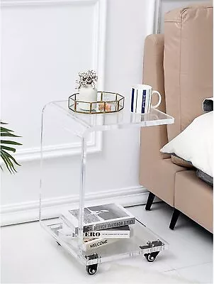 Acrylic Movable Clear Bedside Table C-Shaped End Table Snack Table On Wheels • $89.30