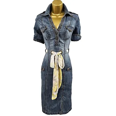 UK 8 KAREN MILLEN Vintage  Distressed Denim Safari Military Casual Shirt Dress • £69.99