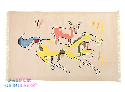 4x6 Blue Yellow Donkey On Horse Wall Tapestry Cotton Modern Handmade Animal Rug • $299