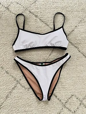 J Crew White Black Reimagined Padded Bikini Swimsuit Top S Bottom XS Mint $150 • $37.90
