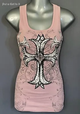 New VOCAL Womens CRYSTAL LIGHT BABY PINK CROSS  FLEUR TANK TOP SHIRT S Small • $33.20