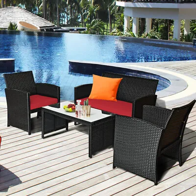 4 PCS Patio Rattan Furniture Conversation Set Cushion Sofa Table Garden Red • $199.99