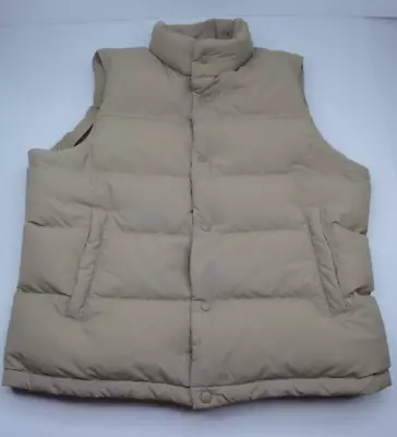 Uniqlo Grey Duck Down Puffer Vest Sz Lg Tan Sand Warm Pockets Snap Buttons Lined • $44.99