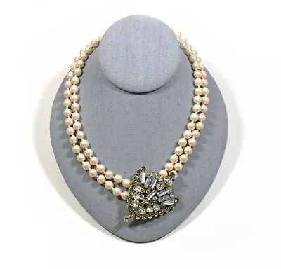 J. Crew 2-Strand Pearl Necklace W/Prong Set Crystal Pendant  18-21  • $32