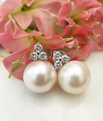 Vintage South Sea Pearls & Diamond Earrings 18ct White Gold- Certified Pearls • $3094.70