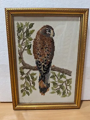 Vintage Cross Stitched BIRD OF PREY Framed Finished Artwork Completed • £18