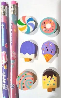 Set Of Pencils And Erasers *Desserts & Cakes* 🍰🍧kawaii Stationery Set  • £5