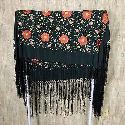 Vintage Silk Embroidered Piano Scarf Table Cover Shawl Hand Knotted Silk Fringe • $119.95