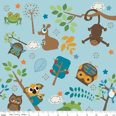 Fat Quarter Hooty Hoot Returns Owls Monkeys Blue Quilting Fabric - Riley Blake • £4.40