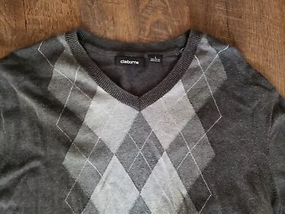 Mens V Neck Gray Argyle Lightweight Sweater L • $19.99