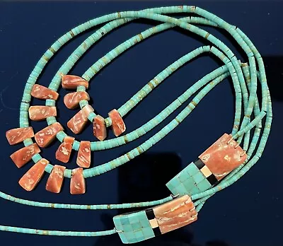 Vintage Santo Domingo Turquoise & Spiny Oyster Necklace W/ Inlay • $649.99